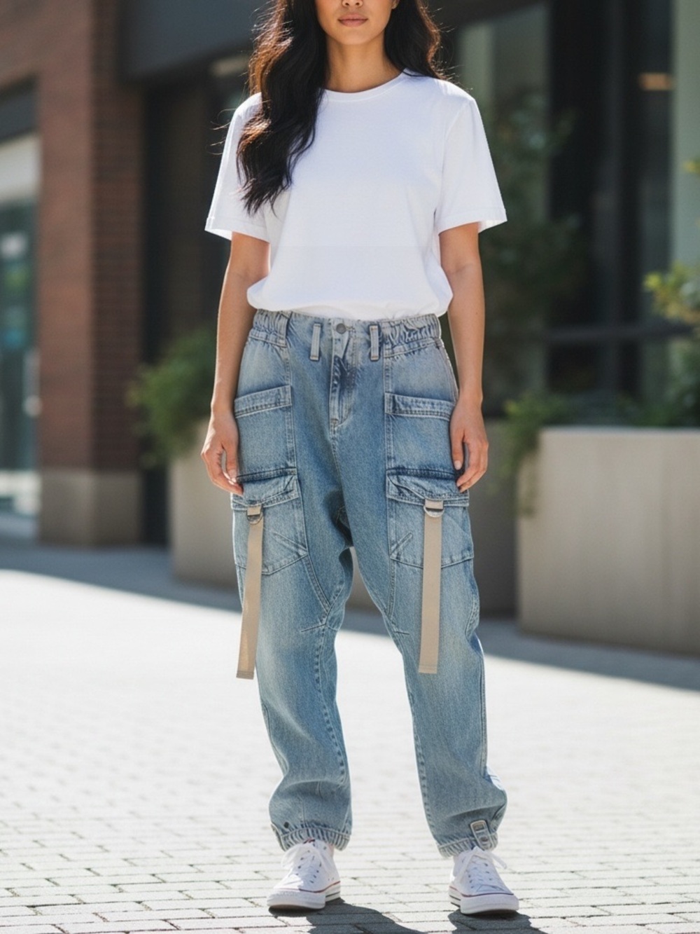 Free People We The Free Hazel Pull-On Zip Up Drop-Waist Harem Cargo Jeans Size S